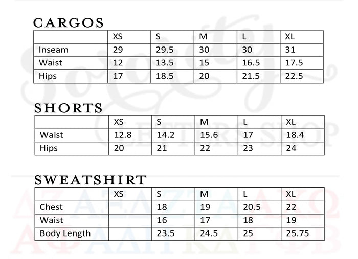 Sizing chart for cargo pants, shorts, and sweatshirt in various sizes