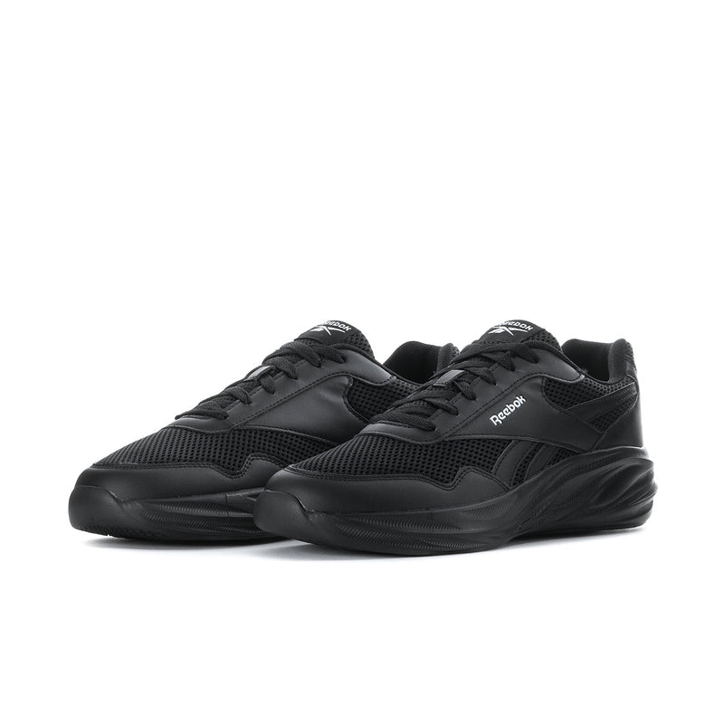 Men's black Reebok lace-up running shoes with layered side stripes, mesh upper