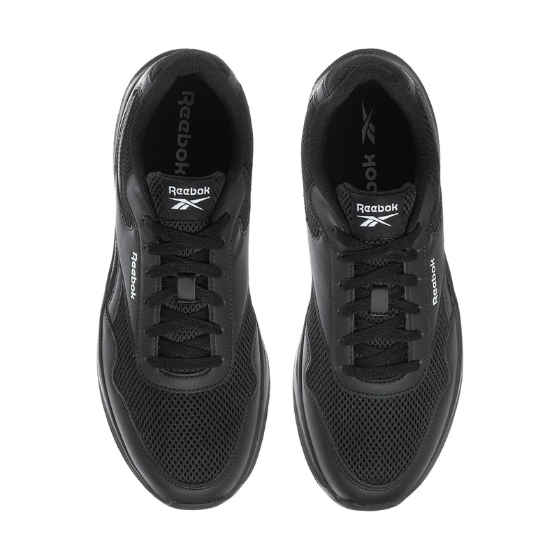 Pair of men's black Reebok lace-up sneakers, tongue and insole logos visible