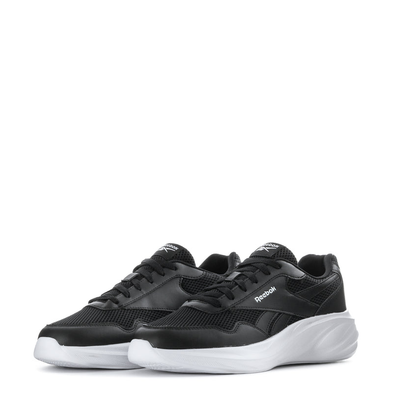Men's Reebok black lace-up sneakers with white midsoles, pair view