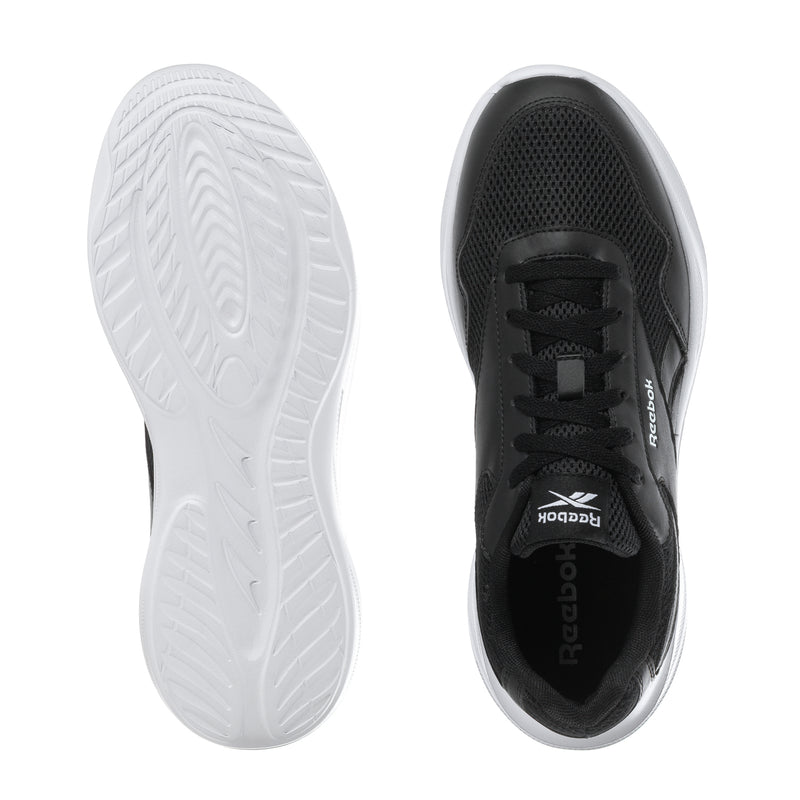 Men's Reebok black lace-up sneakers; white outsole and side view