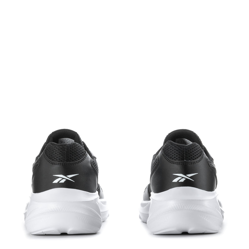 Men's Reebok black sneakers with white heel and Reebok logo on back