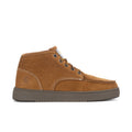 Men's brown moc toe chukka-style boots with lace-up front and dark rubber sole
