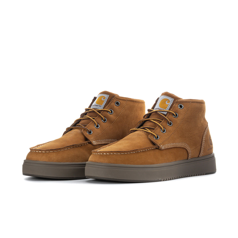 Men's brown lace-up moc toe boots, side-by-side view, padded collar and rubber sole