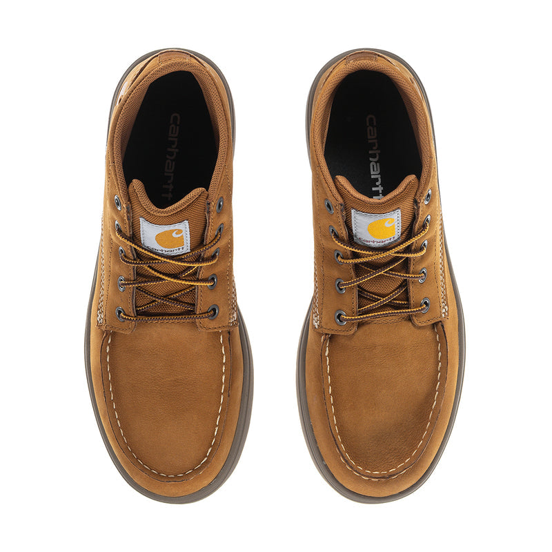 Men's brown moc toe boots, front view with lace-up eyelets and cushioned lining