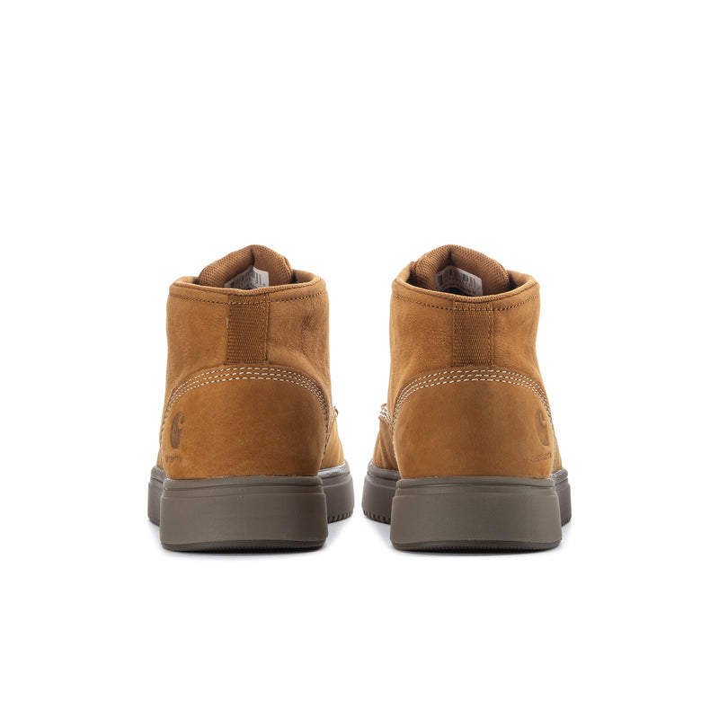 Men's brown moc toe boots, rear view with low heel and padded back collar
