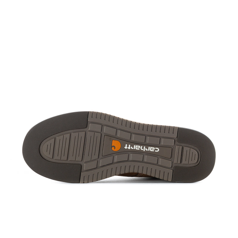 Carhartt men's brown boot outsole tread, grooved rubber with orange logo tag