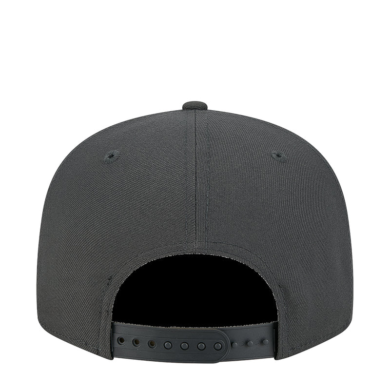 Dark gray baseball cap back view with adjustable strap holes