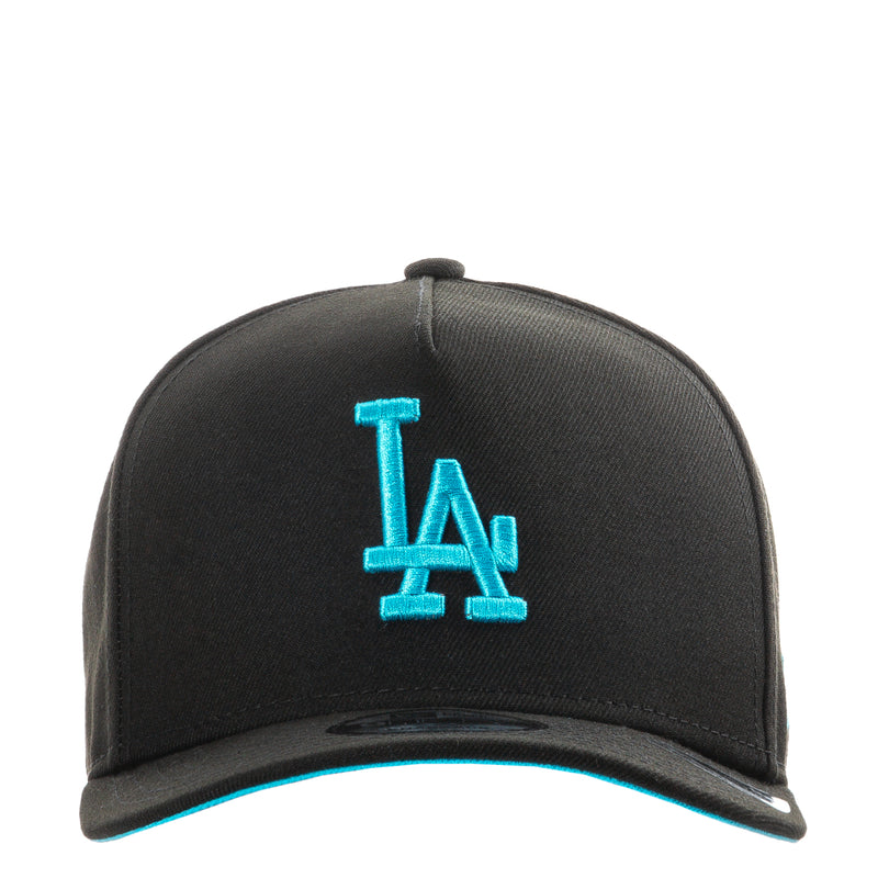 Black A-frame baseball cap with turquoise LA logo on the front