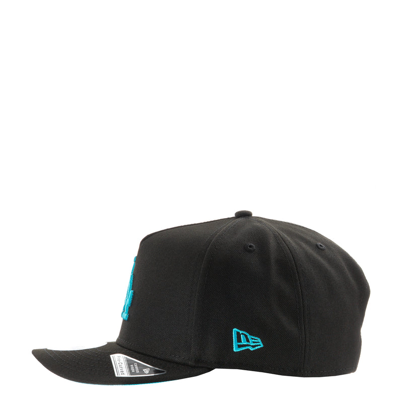 Black A-frame baseball cap with turquoise LA logo and New Era badge