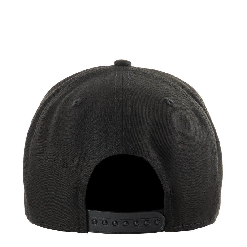 Black A-frame baseball cap back view with adjustable snap strap