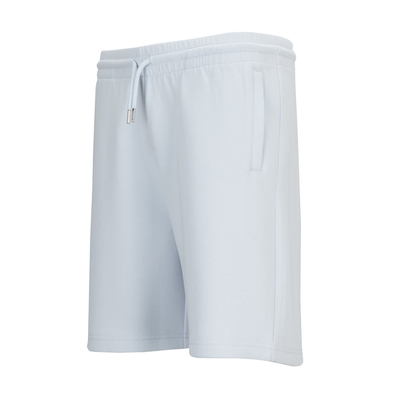Youth double-knit shorts in light blue, side view with drawstring and zip pocket detail