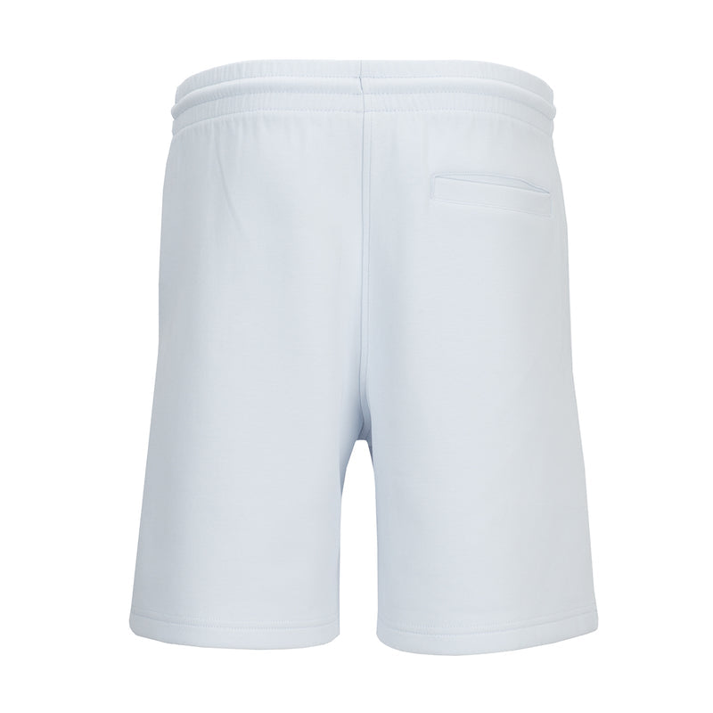 Youth double-knit shorts in light blue, back view with welt pocket and stitched hem