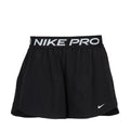 Women's black Nike Pro 3in woven shorts, 'NIKE PRO' waistband, side swoosh
