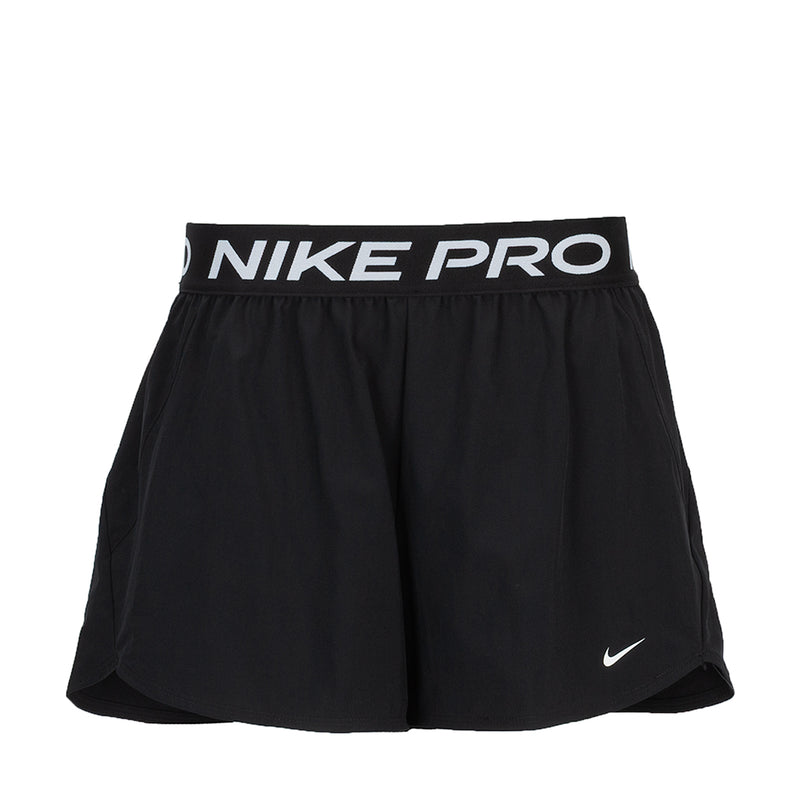Women's black Nike Pro 3in woven shorts, 'NIKE PRO' waistband, side swoosh