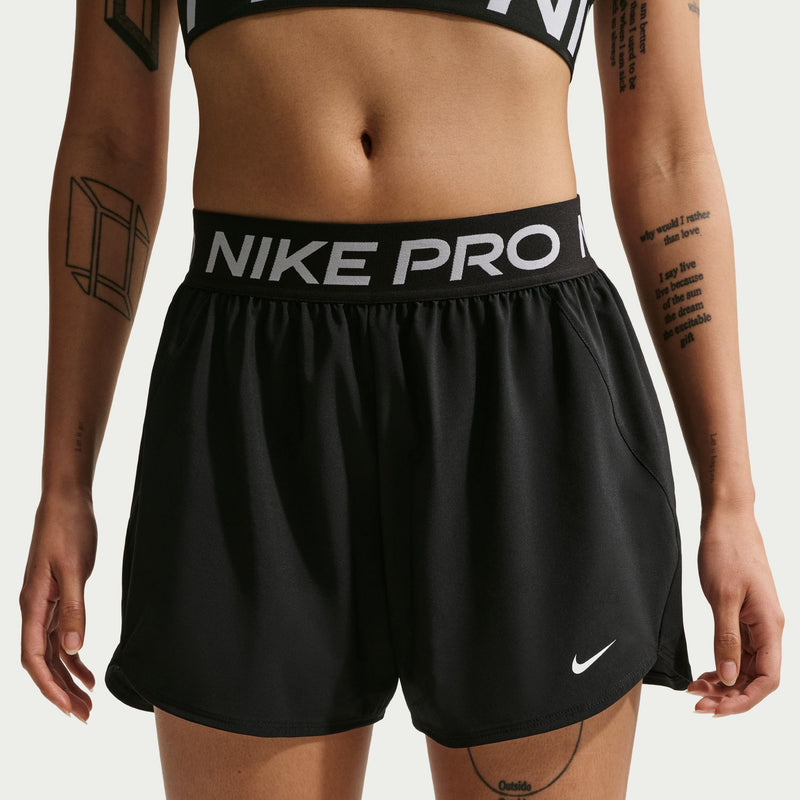Women's black Nike Pro 3in woven shorts, 'NIKE PRO' band and side swoosh