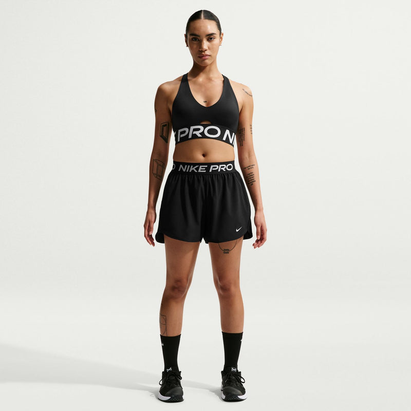 Women's black Nike Pro 3in woven shorts with elastic 'NIKE PRO' waistband and swoosh