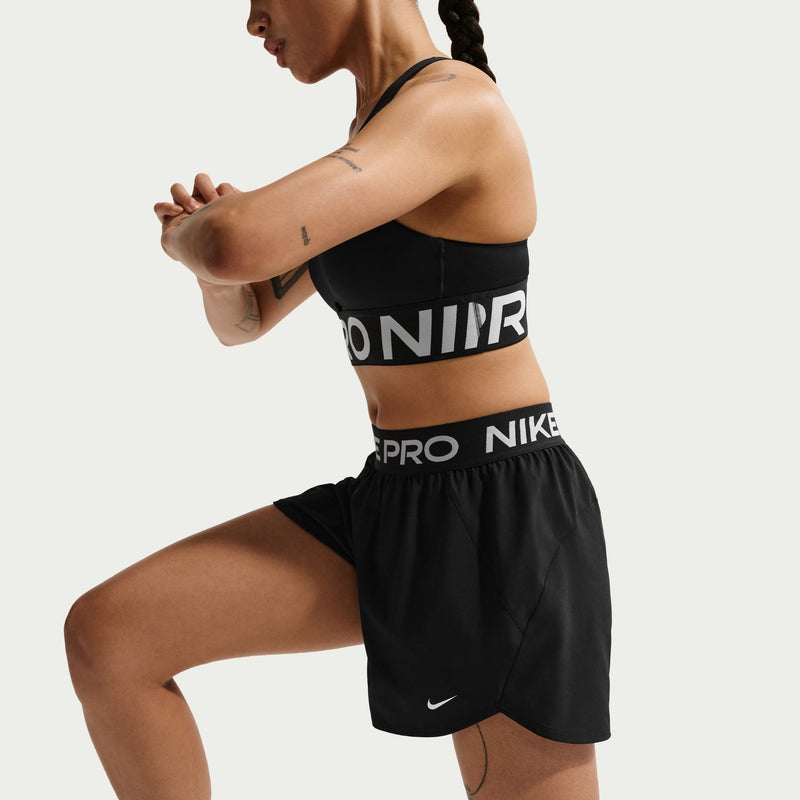 Women's black Nike Pro 3in woven shorts, side view with 'NIKE PRO' waistband