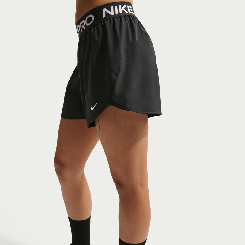 Women's black Nike Pro 3in woven shorts, back view with Nike swoosh detail