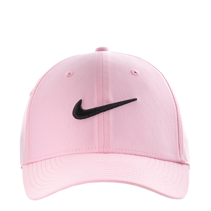 Pink structured performance cap with black Nike Swoosh logo, adjustable strapback