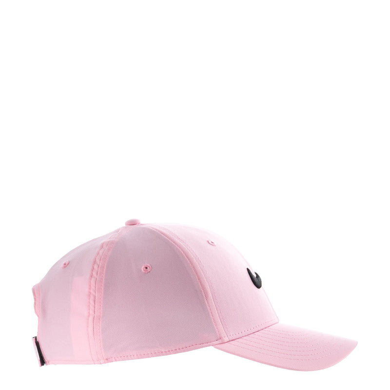Pink cap side view with black Nike Swoosh and curved brim, performance strapback