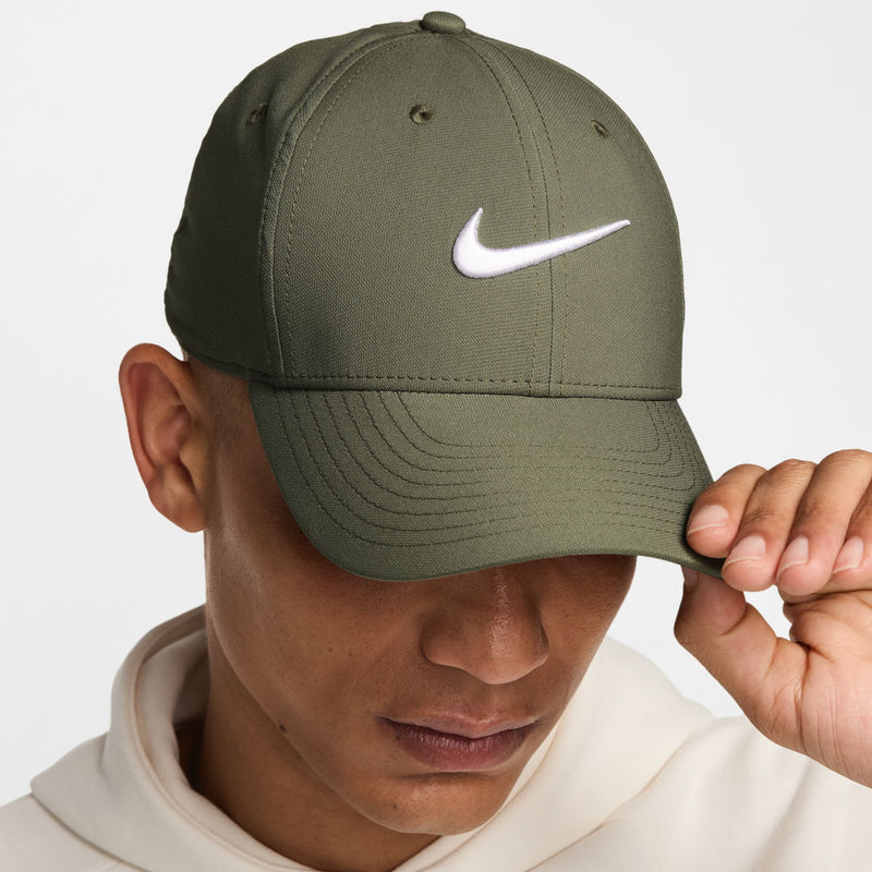 Nike medium olive strapback cap with white Swoosh, side view