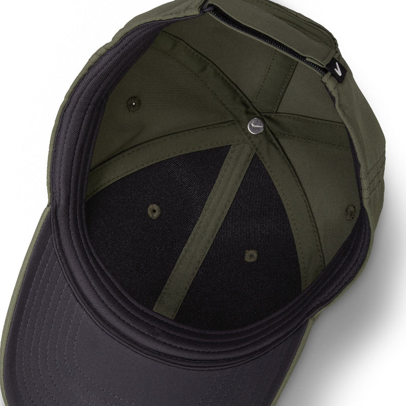 Nike medium olive cap interior view with black crown panels and strap hardware
