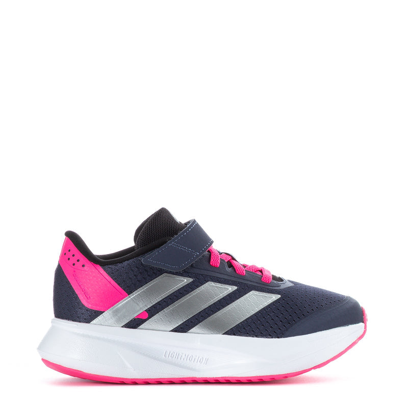 Kids navy and pink lace-up running shoes with silver stripes and white sole