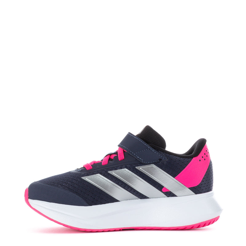 Navy kids sneaker with hook-and-loop strap, silver stripes, hot pink laces, white sole