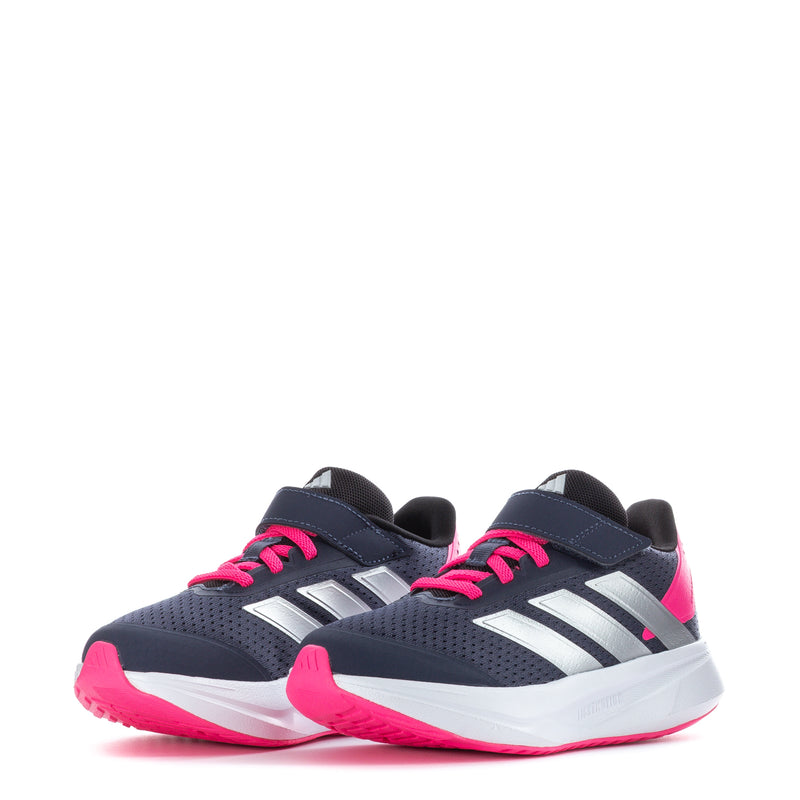 Pair of navy kids running shoes with pink laces and white midsole, side view