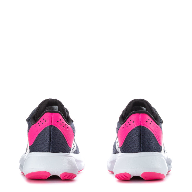 Kids sneakers from back: navy uppers with pink accents and white cushioned heel