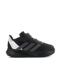 Kids black low-top sneaker with hook-and-loop strap, white side stripes, cushioned sole