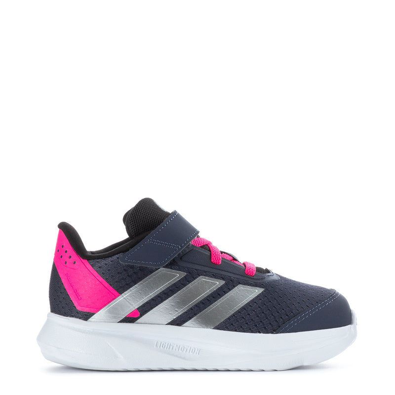 Toddler navy and pink athletic sneaker with silver side stripes and white sole