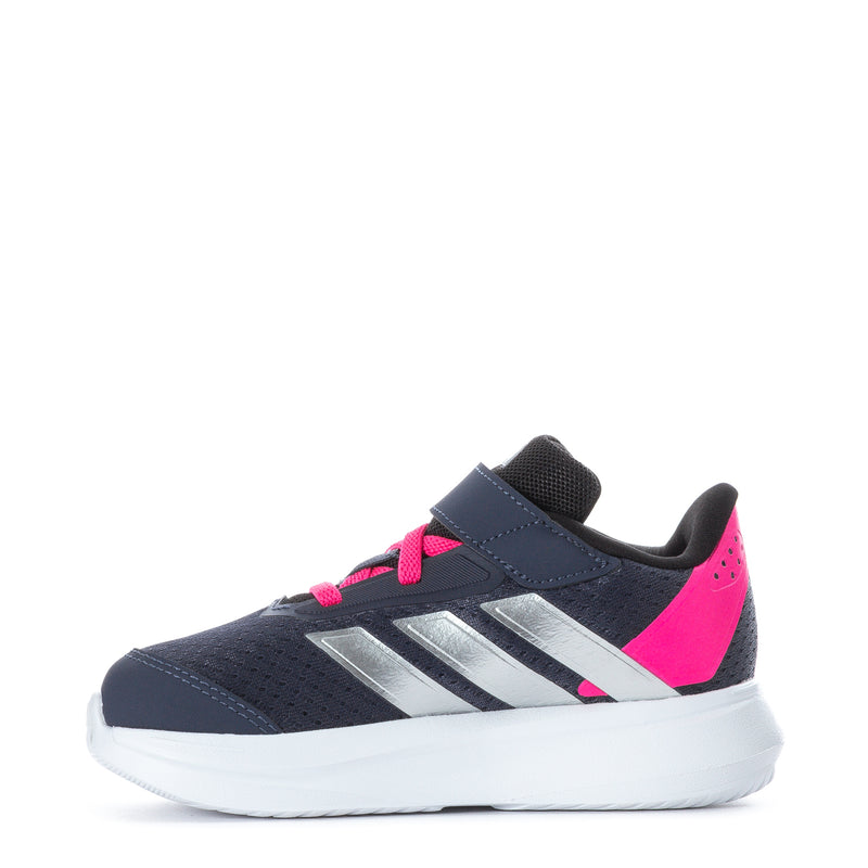 Toddler navy low-top sneaker with pink lace accents, silver stripes, and white sole