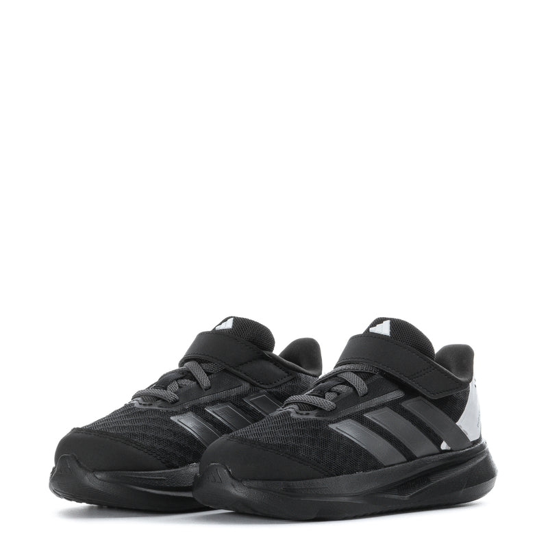 Pair of kids black low-top sneakers with lace-up front, side stripes, cushioned sole