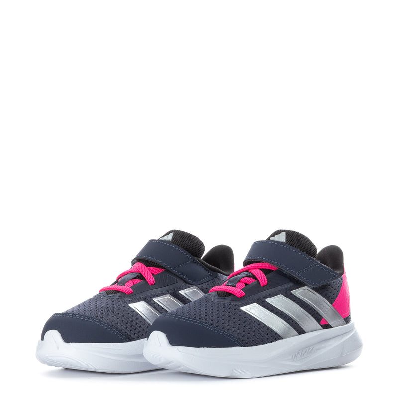 Pair of toddler navy sneakers with pink laces and silver stripes, white cushioning soles