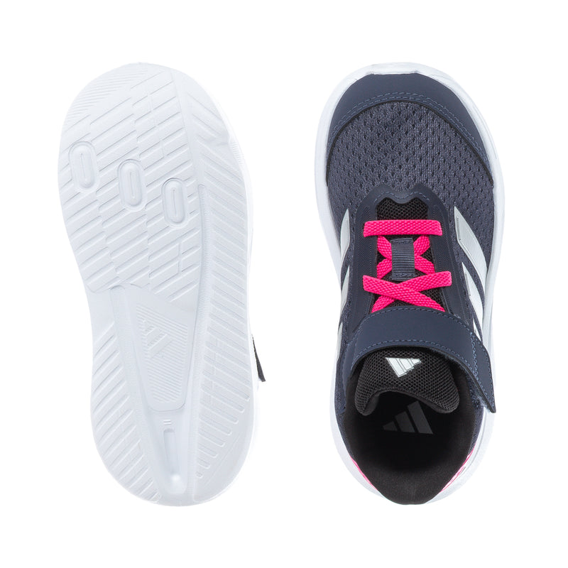 Toddler sneaker with navy mesh upper, pink laces, and white rubber sole (top view)