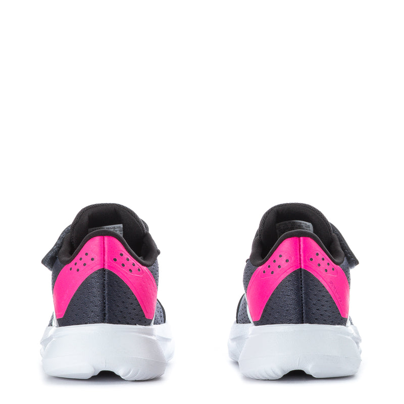 Toddler navy sneaker heels with bright pink panels and white cushioned back