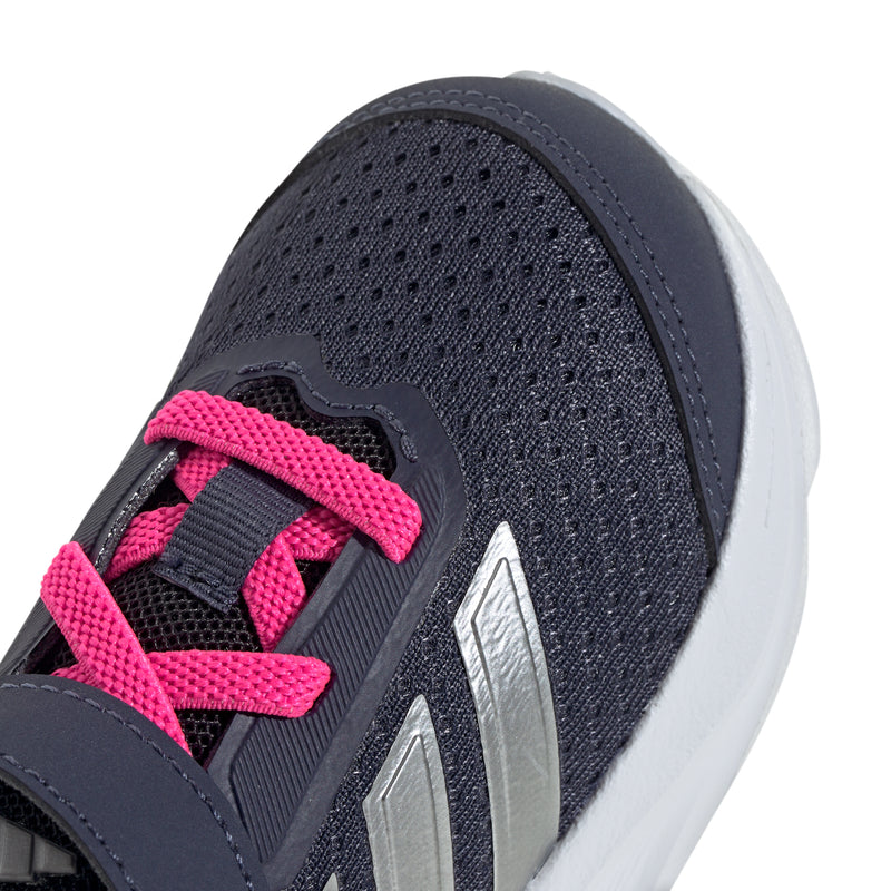 Toddler navy knit sneaker upper with pink Velcro strap, silver details, and white sole