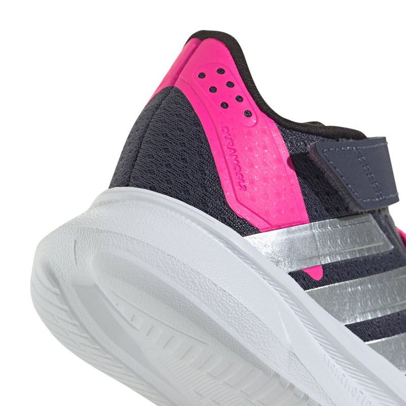 Toddler navy sneaker with bright pink side panel, silver stripe, and hook-and-loop strap