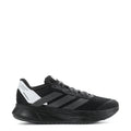 Youth running shoe in black with white and gray logo stripes, lace-up design