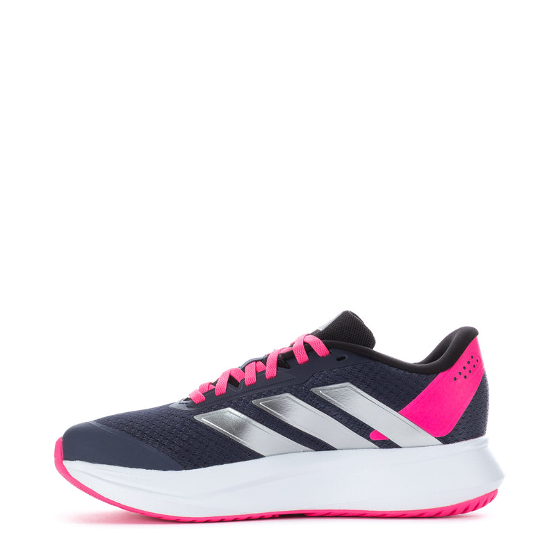 Navy youth running shoe with pink lace-up closure, silver stripes, white sole.