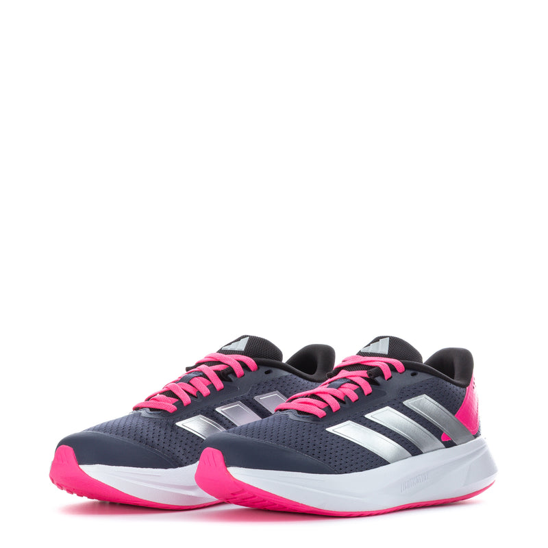 Pair of navy youth running shoes with pink laces and white midsoles.
