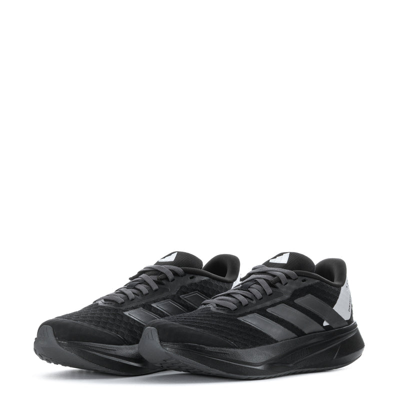 Youth running shoe angled view, black mesh upper with gray stripes and black laces