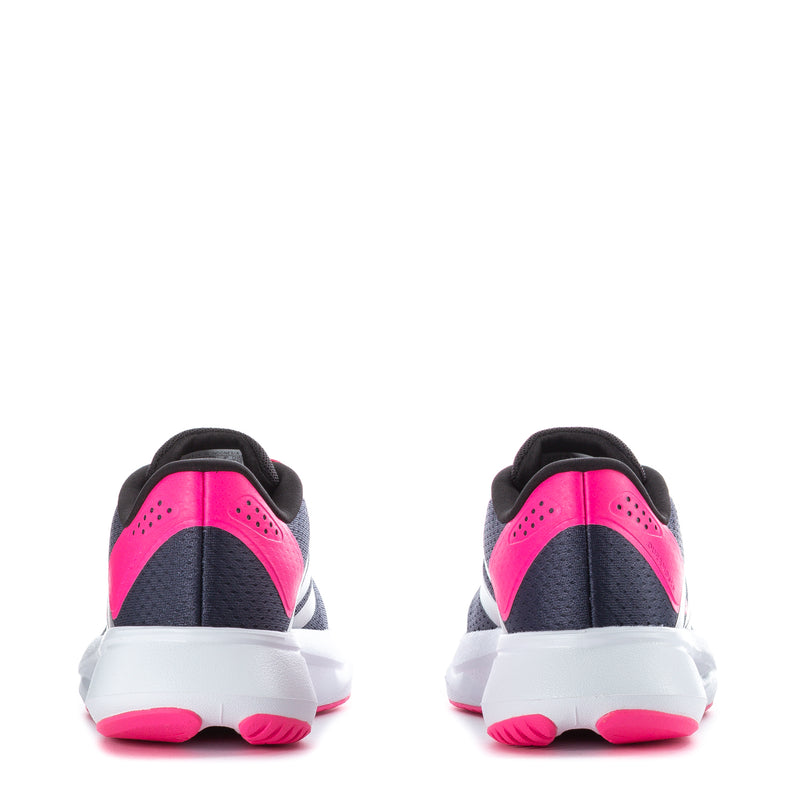 Navy youth running shoes with black heel collar and pink heel accents.