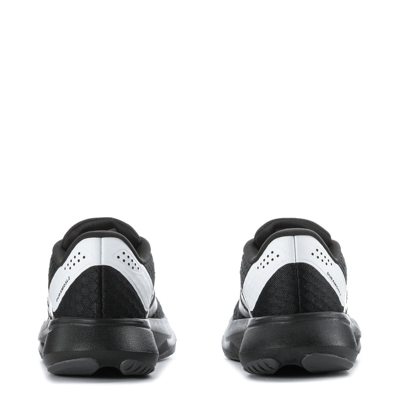 Youth running shoe heel view, black back with white perforated collar and gray accents