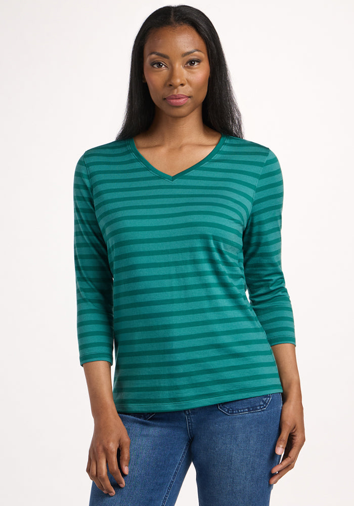 A woman wears the Woolx Elena 3/4 Sleeve V Neck in Woodland Stripe with blue jeans. | Jade is 5’10”, wearing a size S