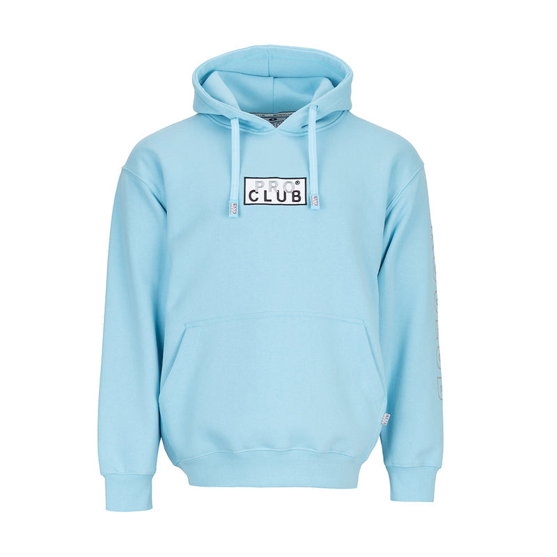 Carolina Blue men's hoodie with embroidered box logo on chest and front pouch pocket