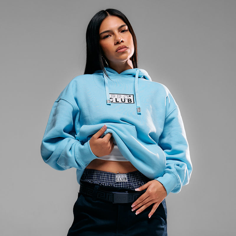 Carolina Blue hoodie with embroidered box logo chest, drawstring hood, front pouch pocket
