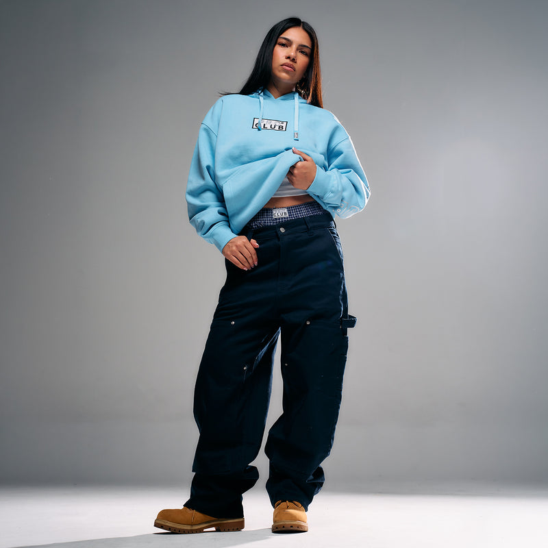 Carolina Blue hoodie with embroidered box logo on chest, ribbed cuffs, front pouch